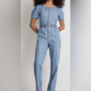 Madewell Size 8 Denim Puff Sleeve Zip Up Coverall in Milburn Wash
